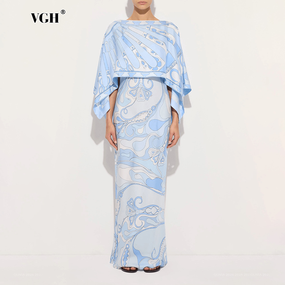 Men'S Formal Wear For A Wedding - VGH ライトブルーの抽象柄プリントツーピースセット、女性用ボディコンドレススーツ、ボートネック、ゆったりデザインのケープ付き、結婚式のゲストやガラに最適