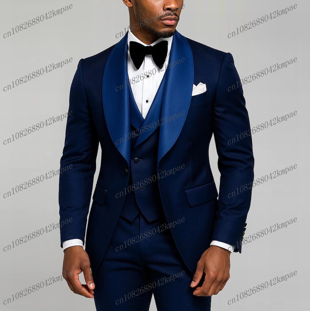 Men'S Formal Wear For A Wedding - 新しいネイビーブルーのフォーマルメンズスーツ、新郎、介添人、結婚式、パーティー、プロム、ビジネス、男性用タキシード、3ピースセット、ブレザー、ベスト、パンツ