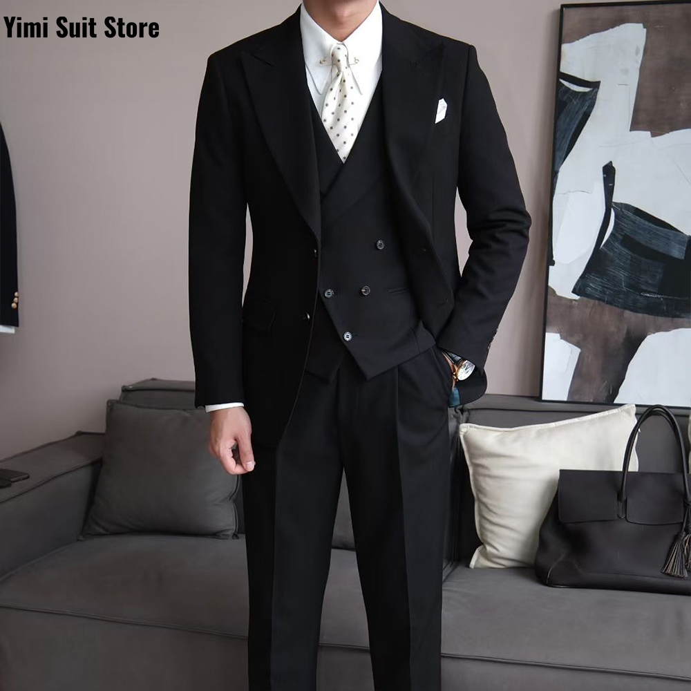 Men Formal Wear Modern - 黒の高品質メンズスーツ3ピースセット、ワンブレスト、ビジネス、宴会、司会、オフィス、メンズスーツ、新郎、フォーマル、ウェディングスーツセット