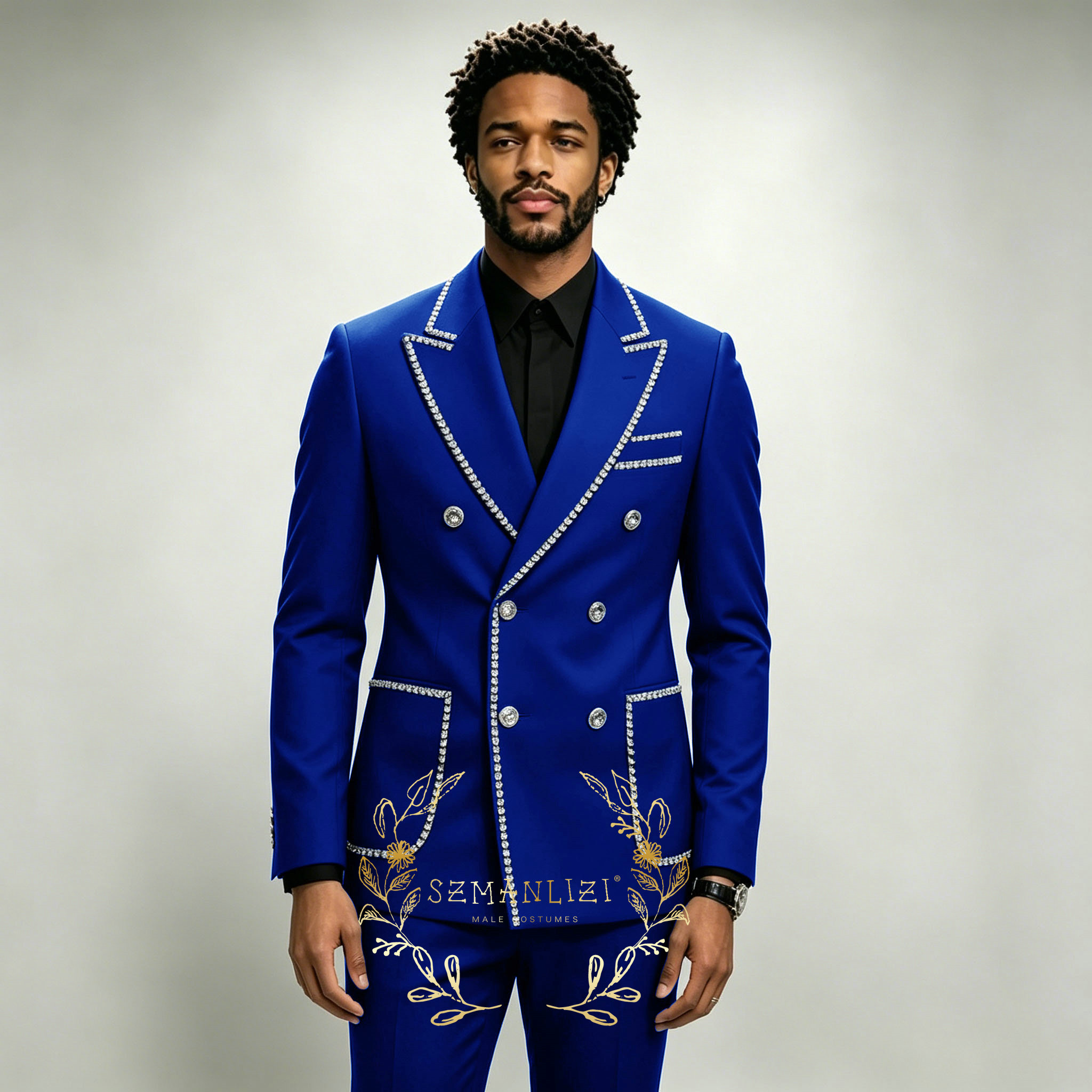 Formal Wear For Men In Wedding - 高級メンズスーツ2ピース ロイヤルブルー クリスタル ピークドラペル ダブルブレスト グルーム