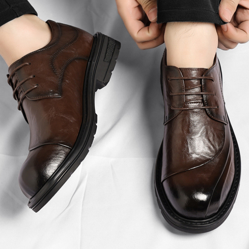 Men'S Formal Wear For A Wedding - ブラウンの艶出し本革レースアップチャンキーソールフォーマルビジネスオフィス新郎結婚式日常着靴ファッション快適