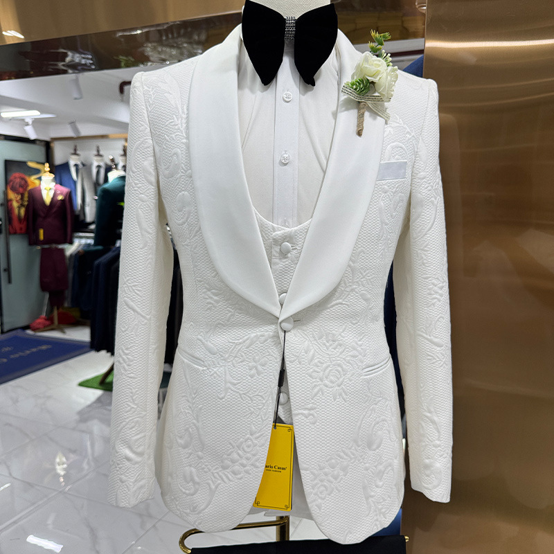 Men Formal Wear Black And White - メンズウェディングスーツ ホワイト3ピースセット ジャカードジャケット ベスト ブラックパンツ カスタムスリムフィット