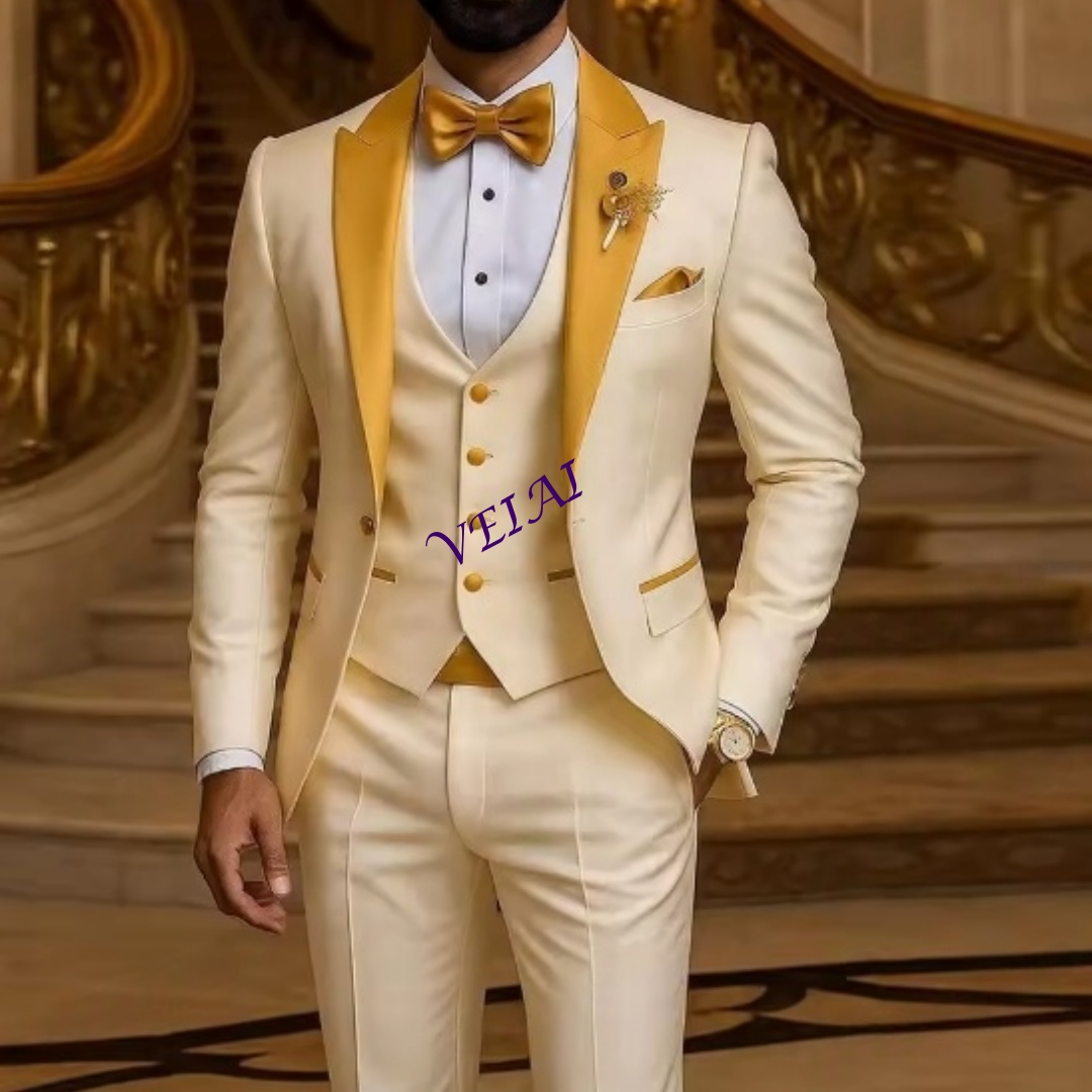 Men'S Formal Wear For A Wedding - カスタムゴールドカラー アイボリー メンズスーツ 結婚式 パーティー フォーマル