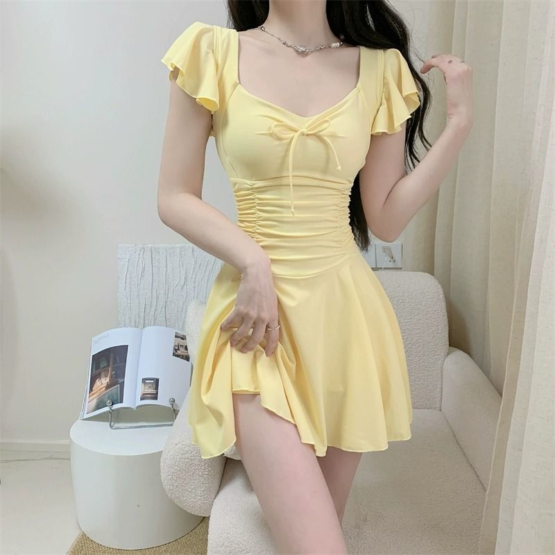 Slim Fit Suit Set - 2026年女性用オープンバック半袖水着、無地スリムフィット水着、パッド入り、温泉水浴用、温泉用スイムウェア