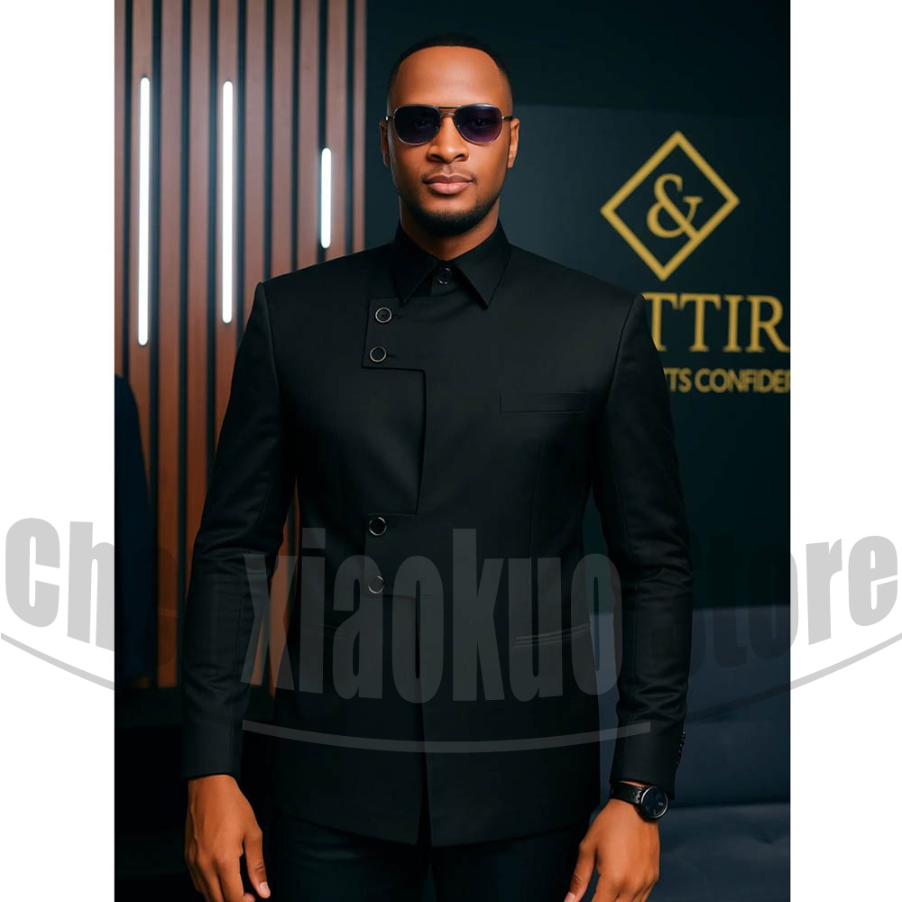 Men Formal Wear Modern - ファッションマンダリンカラーメンズスーツ2ピースアシンメトリーボタンフォーマルグルームウェアビジネスパーティーカスタム仕立てモダン男性用衣装