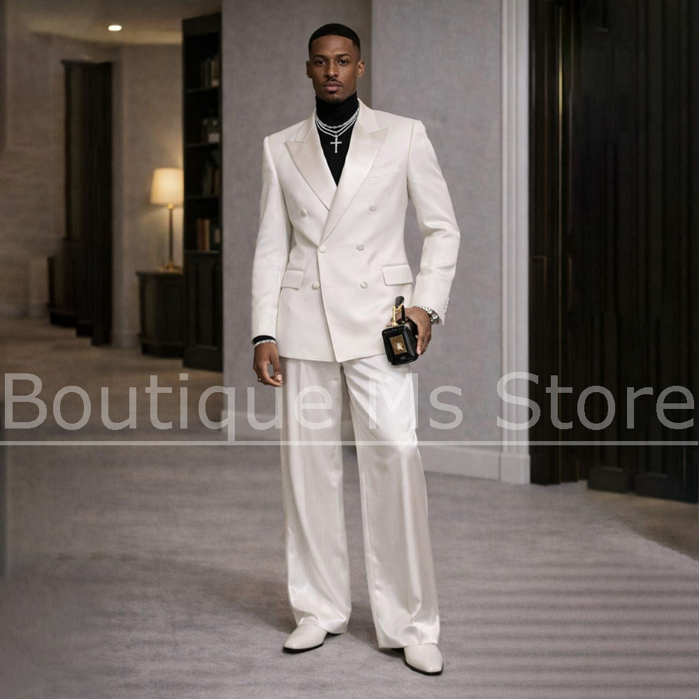 Formal Wear For Men In Wedding - メンズホワイトサテンスーツ2ピースダブルブレストピークドラペルモダンスリムグルームウェディングプロムフォーマルイブニングパーティータキシード