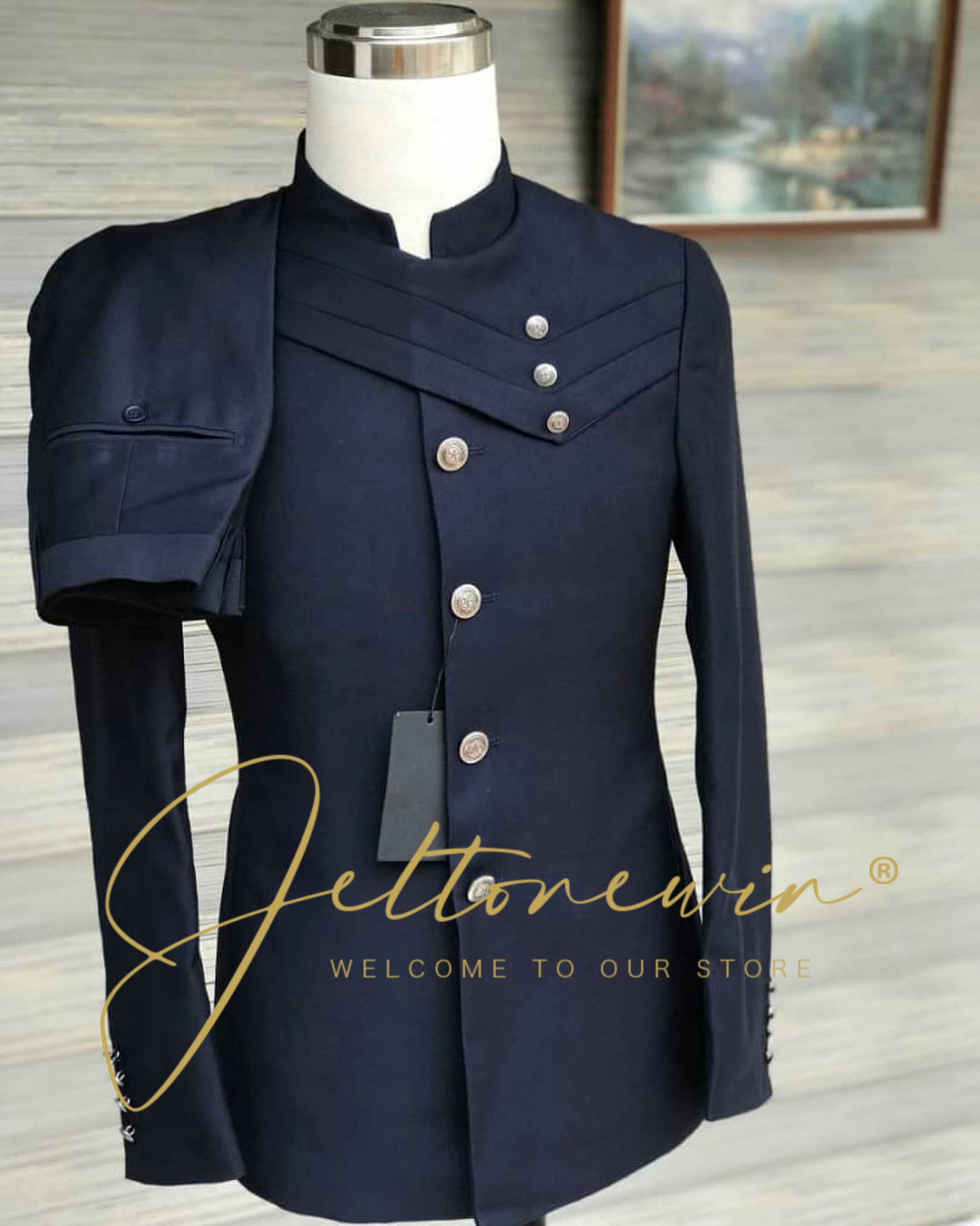 Formal Wear For Men In Wedding - メンズネイビーブルー スーツセット ミリタリースタイル スタンドカラー クロスフラップデザイン スリムフィット