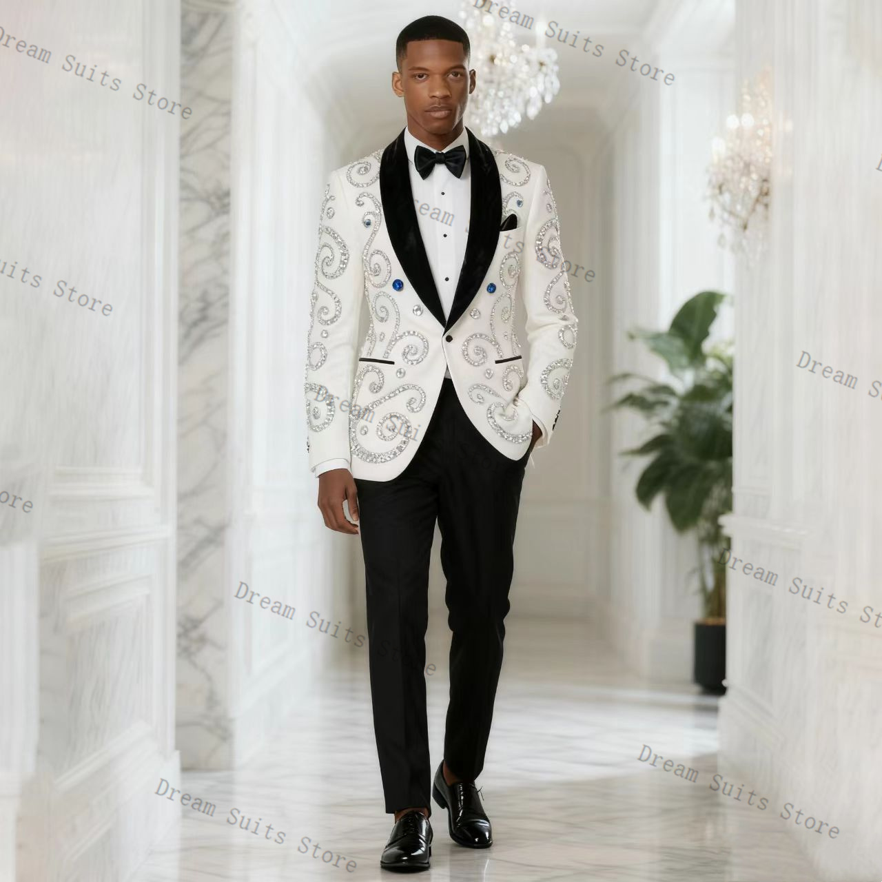 Men Formal Wear Black And White - 白人男性スーツセット 2 ピースブレザー + 黒パンツズボンクリスタルカスタマイズされたフォーマルオフィスジャケット結婚式のタキシードプロムコート