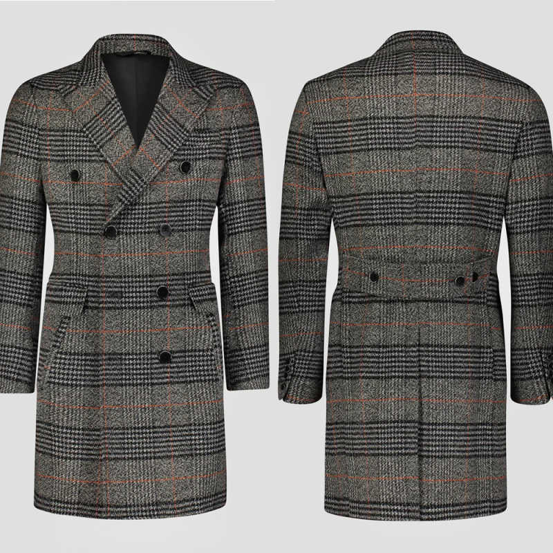 Men Formal Wear Modern - モダンなグリッドウール混紡メンズオーバーコート1枚ダブルブレストコート冬厚手暖かいフォーマルビジネスカジュアルデイリーカスタマイズ