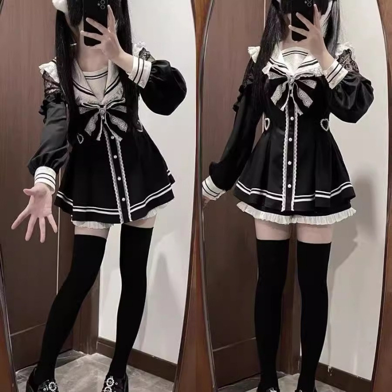 Slim Fit Suit Set - Jirai Kei セーラー黒ドレスレースパッチワークスリムフィットドレス和菓子インナーショーツセット JK 制服女性女の子