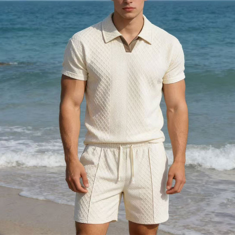 Slim Fit Suit Set - 2026年夏100kgメンズスーツ無地ワッフルラペルスリムフィットカジュアルファッションジップアップ半袖シャツスーツショーツプルオーバーセット