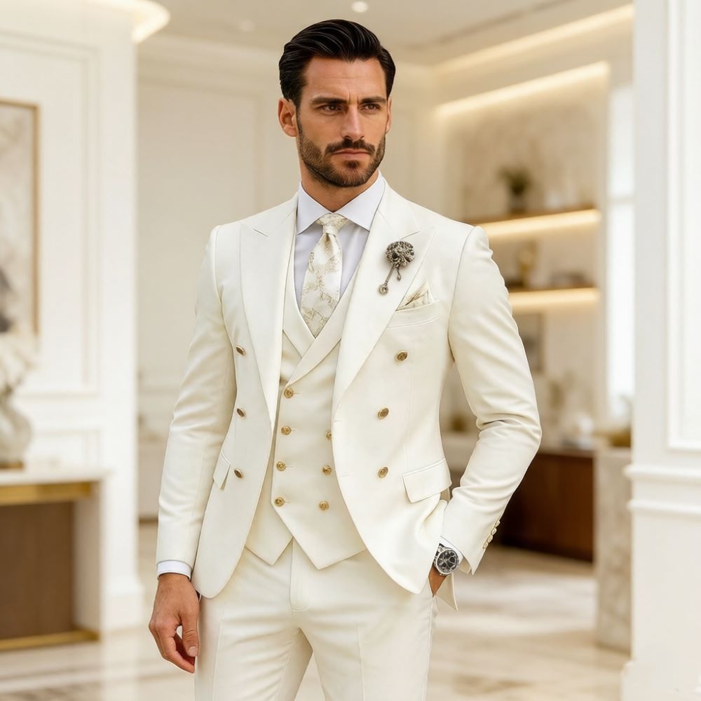 メンズアイボリーウェディングスーツスリムフィット3ピースダブ - Men Formal Wear Modern のレビューと価格