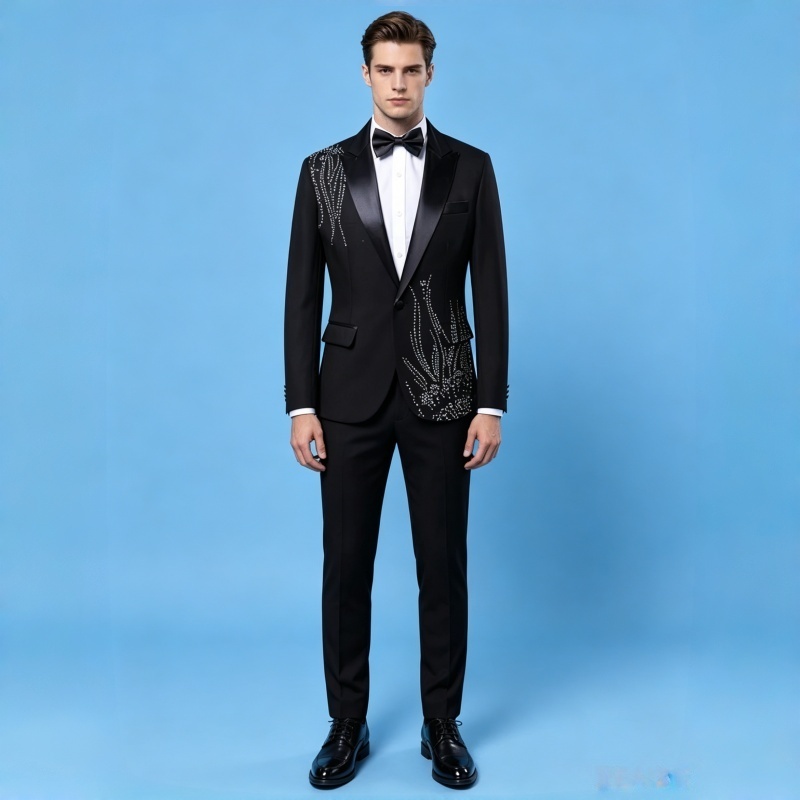 メンズスリムフィットフォーマルスーツ、黒白ストーン付きブレザ - Men Formal Wear Black And White のレビューと価格
