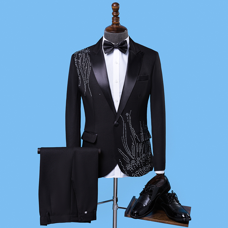 メンズスリムフィットフォーマルスーツ、黒白ストーン付きブレザ - Men Formal Wear Black And White のレビューと価格