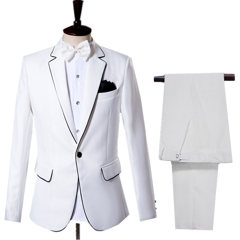 新しいメンズホワイトビジネスカジュアルスーツ新郎結婚式黒パイ - Men Formal Wear Black And White のレビューと価格