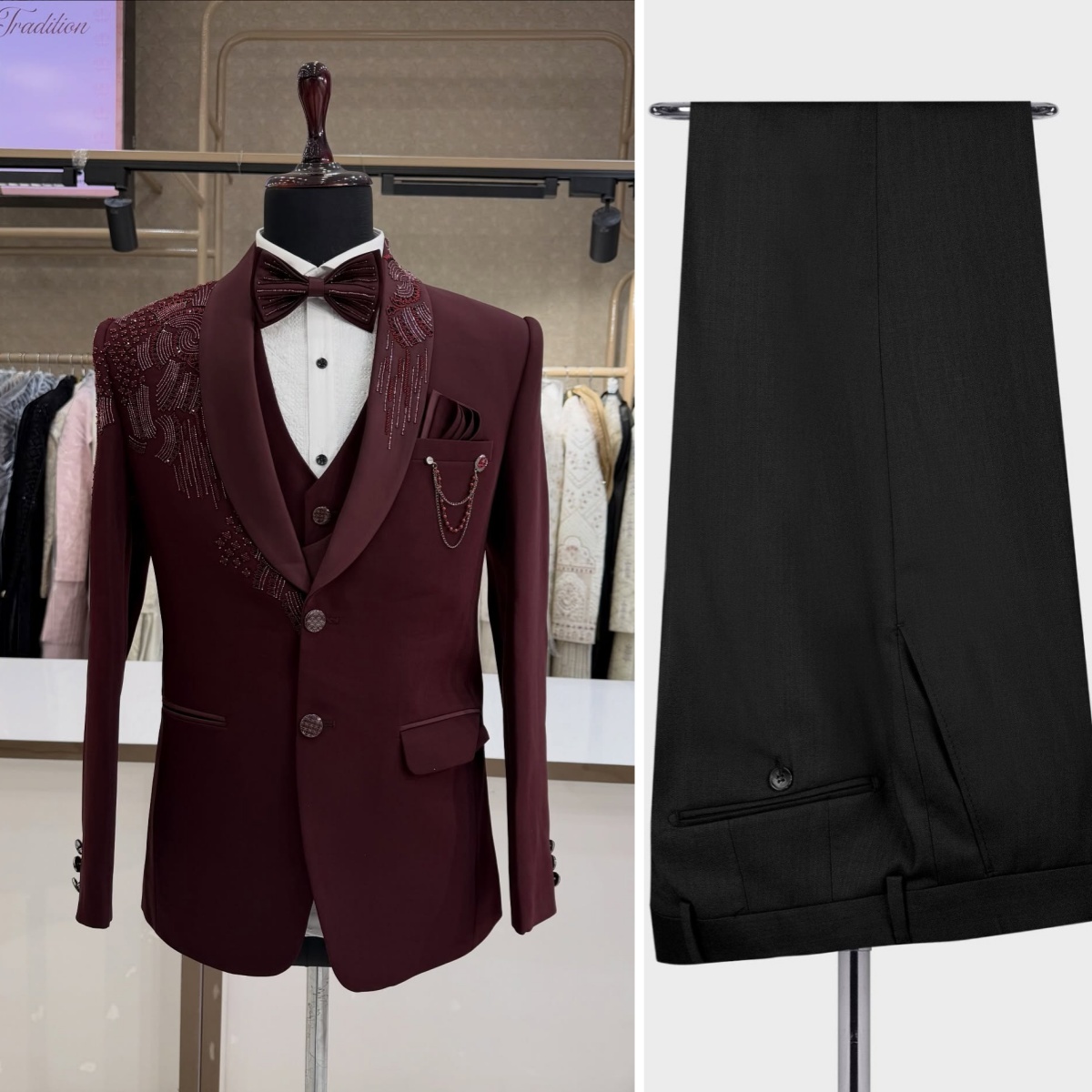3ピース新郎用ウェディングタキシード、ビーズとクリスタル装飾 - Men Formal Wear Modern のレビューと価格