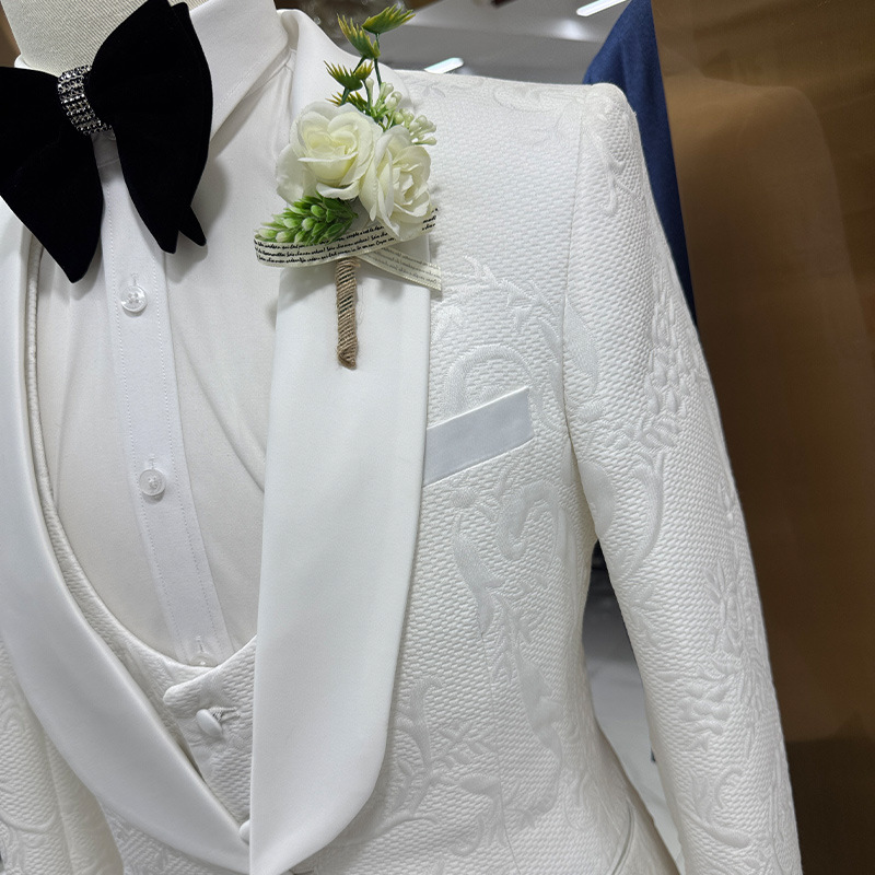 メンズウェディングスーツ ホワイト3ピースセット ジャカード - Men Formal Wear Black And White のレビューと価格