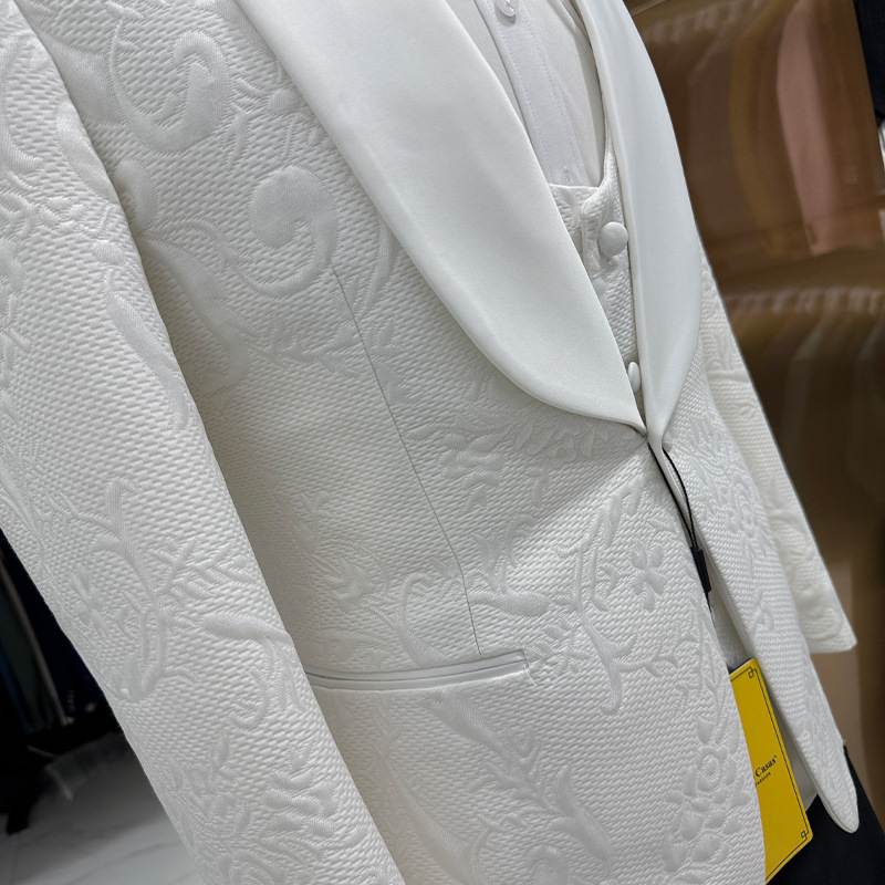 メンズウェディングスーツ ホワイト3ピースセット ジャカード - Men Formal Wear Black And White のレビューと価格