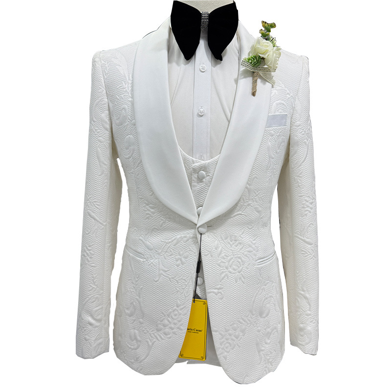 メンズウェディングスーツ ホワイト3ピースセット ジャカード - Men Formal Wear Black And White のレビューと価格