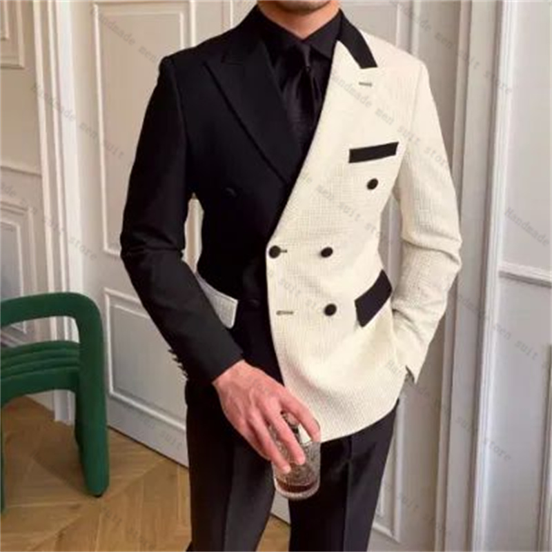 黒白男性スーツ 2 ピースブレザー + パンツロングラペル綿 - Men Formal Wear Black And White のレビューと価格