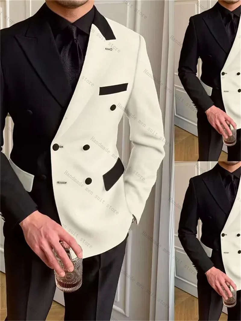黒白男性スーツ 2 ピースブレザー + パンツロングラペル綿 - Men Formal Wear Black And White のレビューと価格