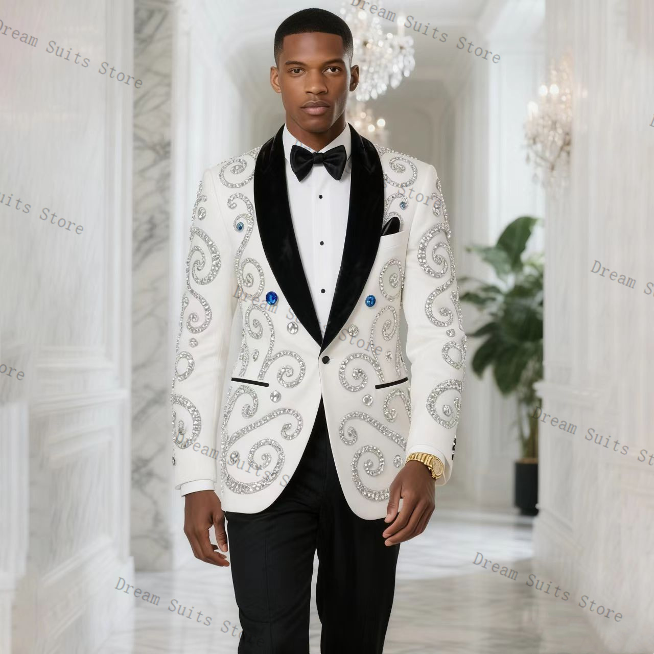 白人男性スーツセット 2 ピースブレザー + 黒パンツズボン - Men Formal Wear Black And White のレビューと価格