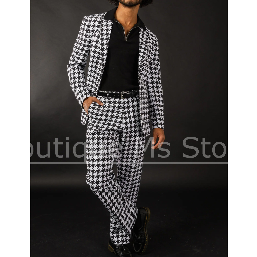 黒白千鳥格子柄メンズスーツ スリムフィットブレザーパンツセッ - Men Formal Wear Black And White のレビューと価格