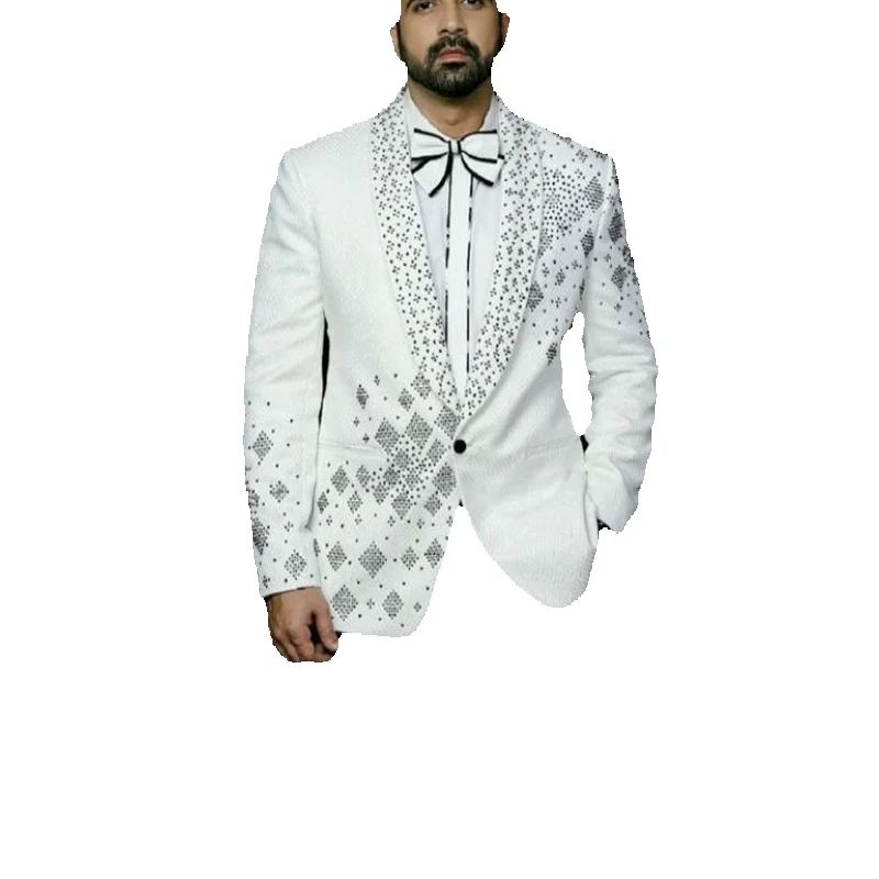 クリスタルメンズスーツセット 2 ピース新郎白ブレザー +  - Men Formal Wear Black And White のレビューと価格