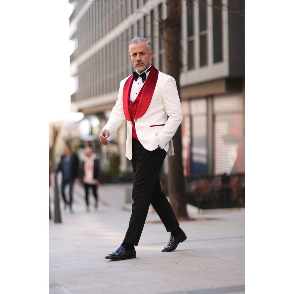 赤白男性結婚式タキシードベルベットショールラペルメンズタキシ - Men Formal Wear Modern のレビューと価格