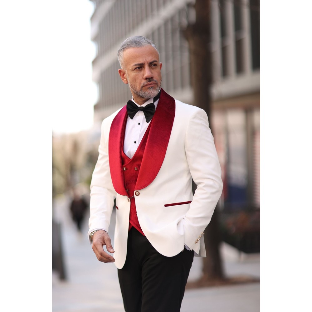 赤白男性結婚式タキシードベルベットショールラペルメンズタキシ - Men Formal Wear Modern のレビューと価格