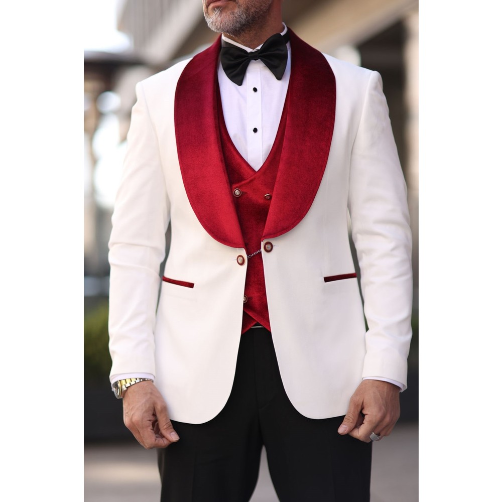 赤白男性結婚式タキシードベルベットショールラペルメンズタキシ - Men Formal Wear Modern のレビューと価格